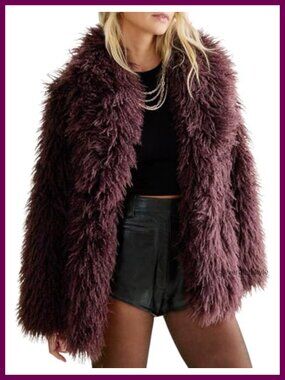 Womens Faux Fur Coat Shawl Collar Fluffy Winter Jacket Short